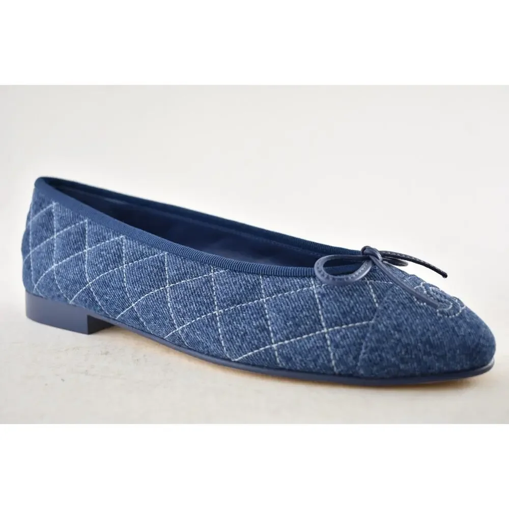 Chanel 26P Washed Denim Blue Quilted CC Logo Bow Tie Ballet Ballerina Flat 38 - Picture 5 of 16